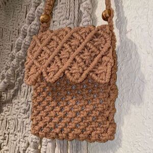 Handmade Macrame Purse Tan Caramel Light Brown with Wooden Beads